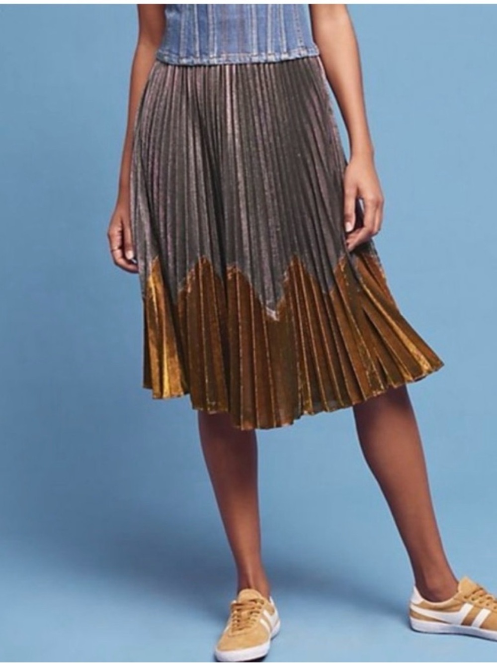 Anthropologie Pleated Two-Tone Midi Skirt in Charcoal and Gold